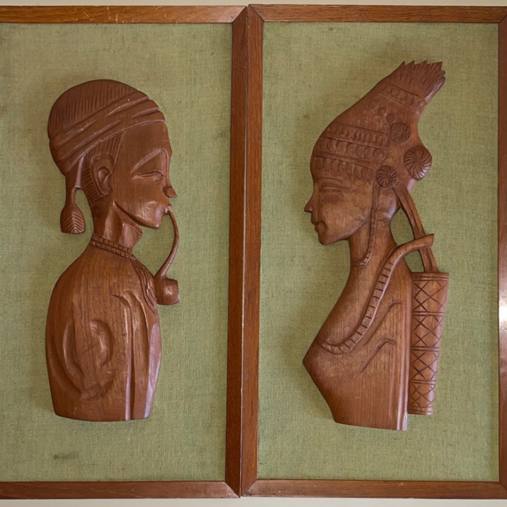 Vintage mid century carved teak wood wall art of African man and woman